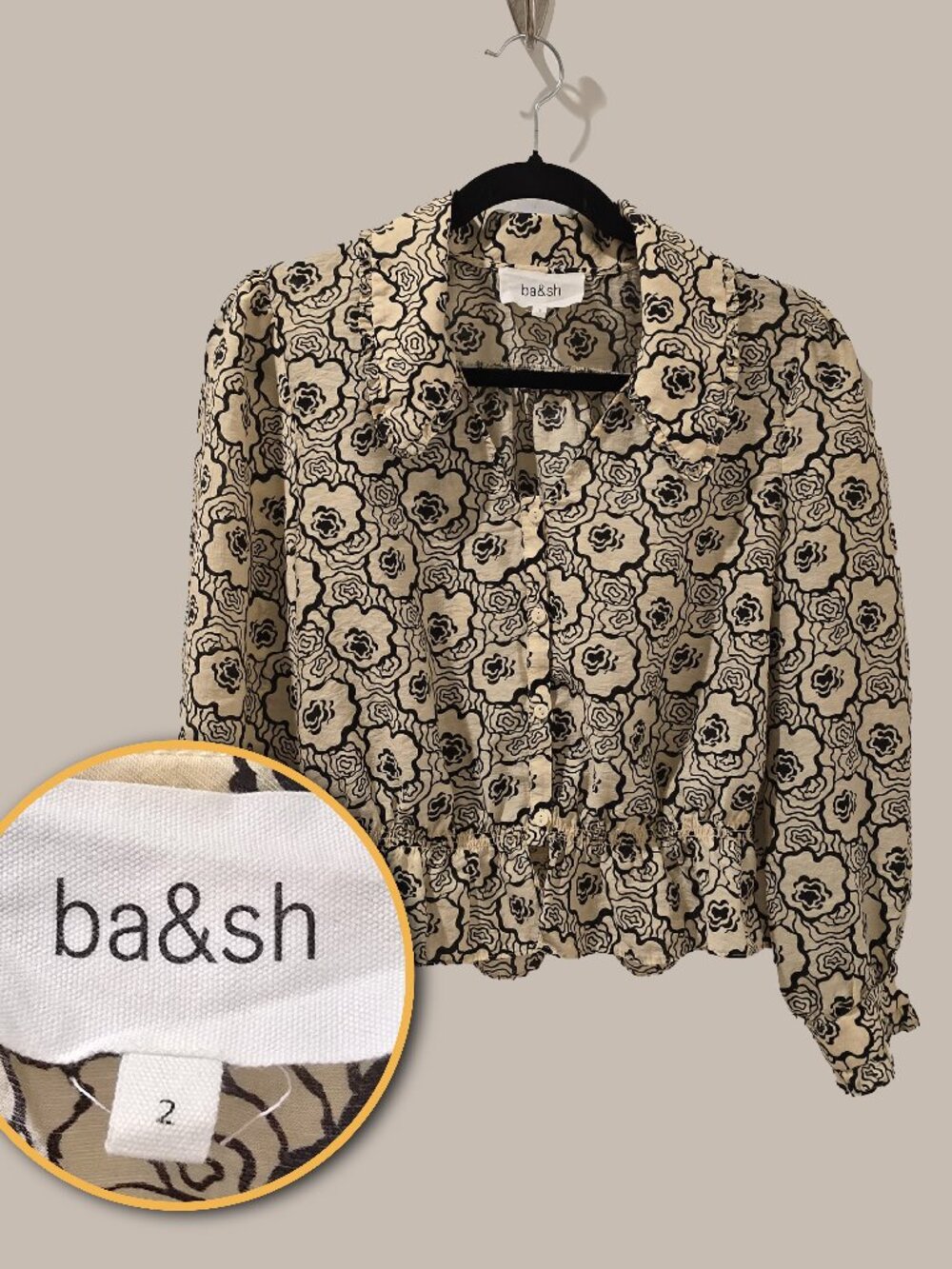 Ba&sh Paris Floral Print Blouse Size 2 Black Cream Rose Top